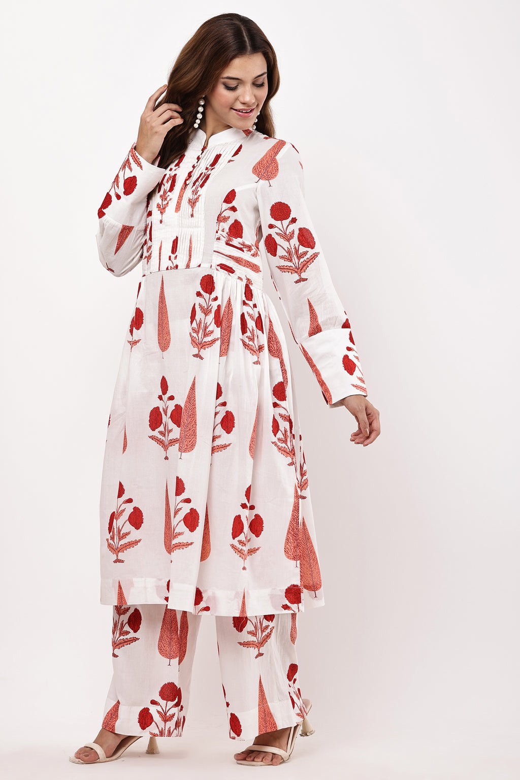 White & Red Floral Printed A-Line Kurta Set