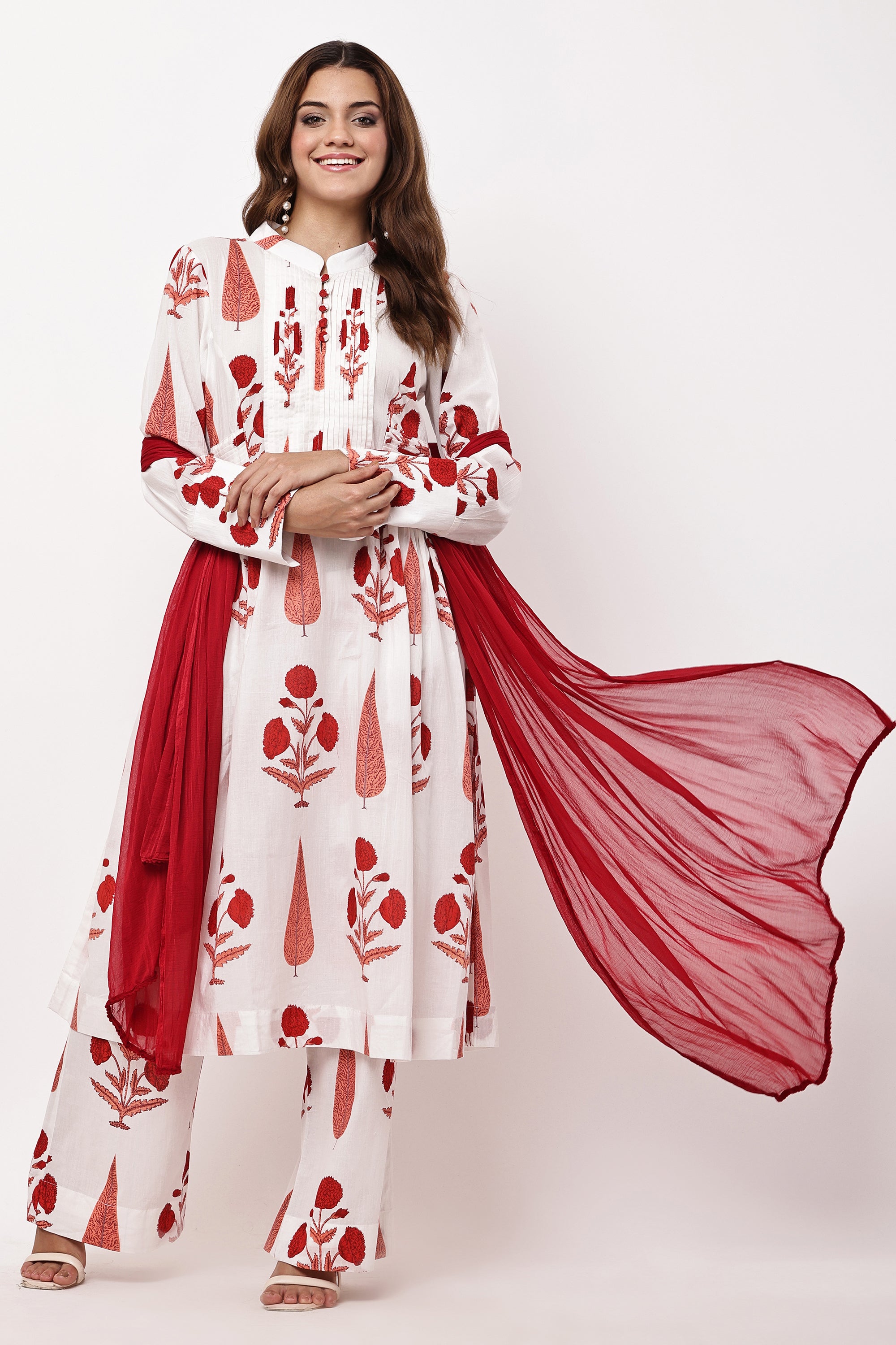 White & Red Floral Printed A-Line Kurta Set