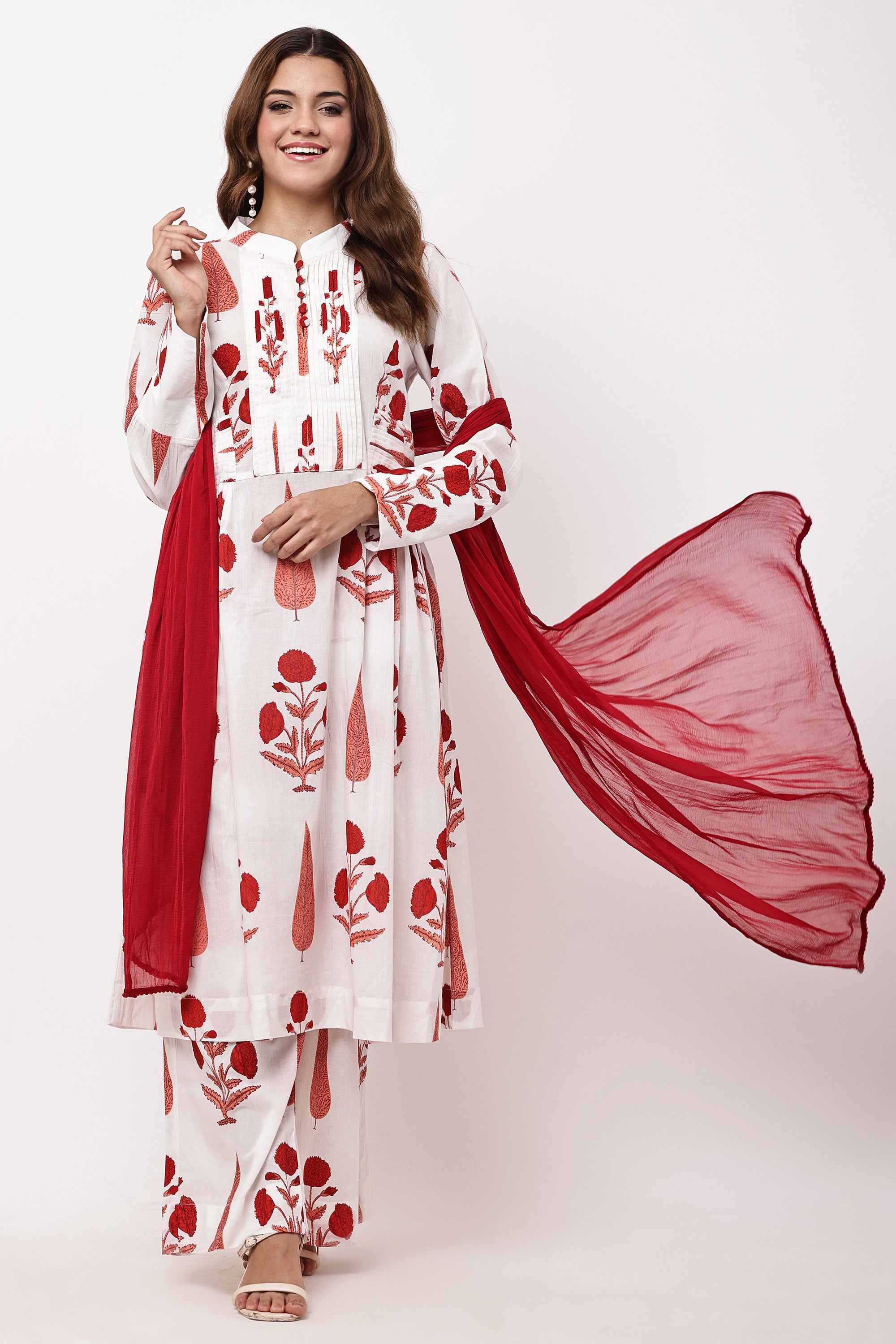 White & Red Floral Printed A-Line Kurta Set