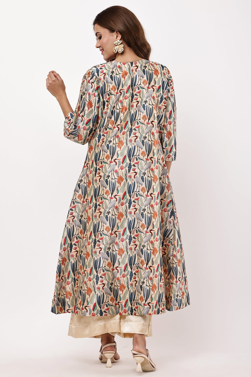 Women Beige & Multicolored Printed Layered Kurta Set with Jacket