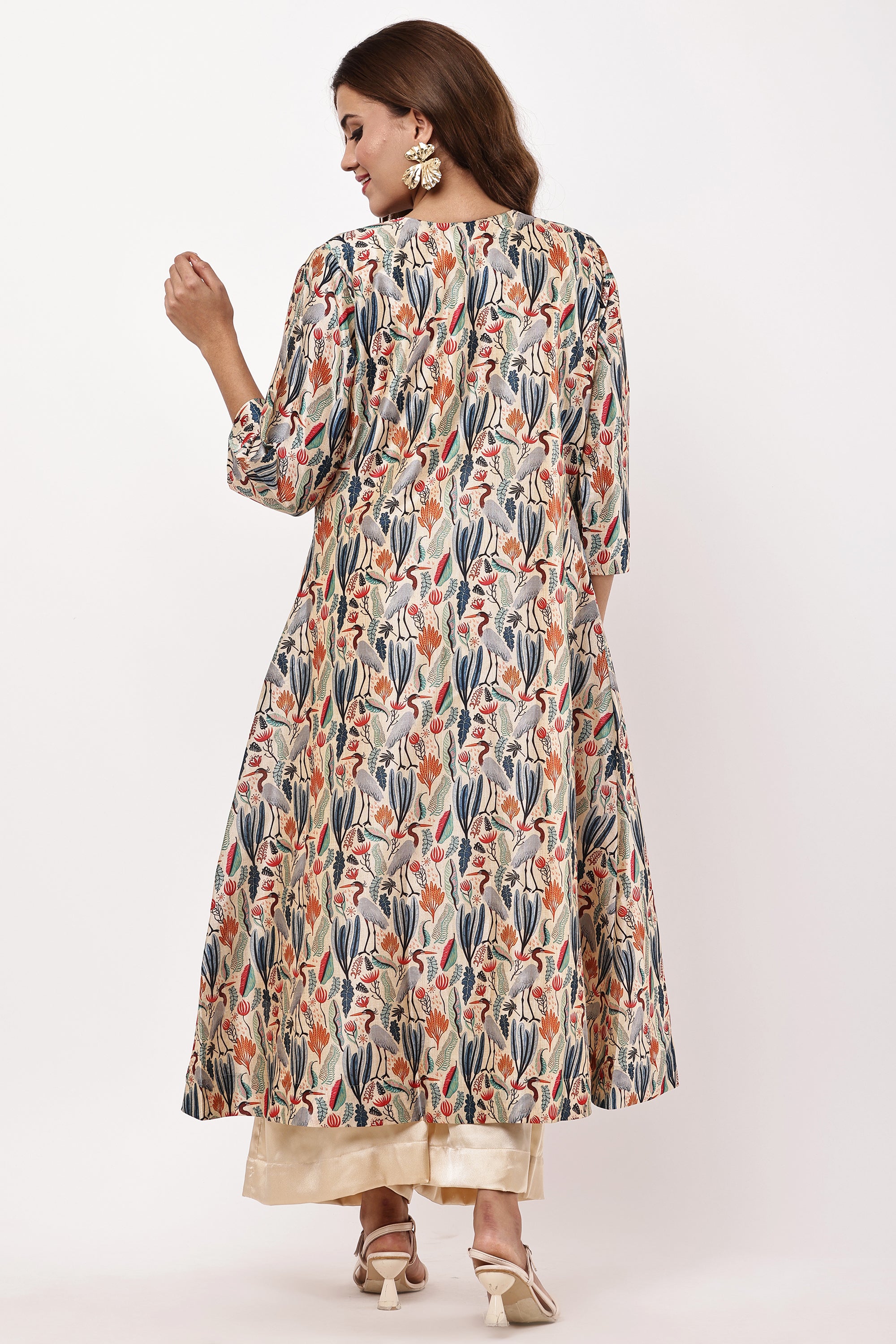 Women Beige & Multicolored Printed Layered Kurta Set with Jacket