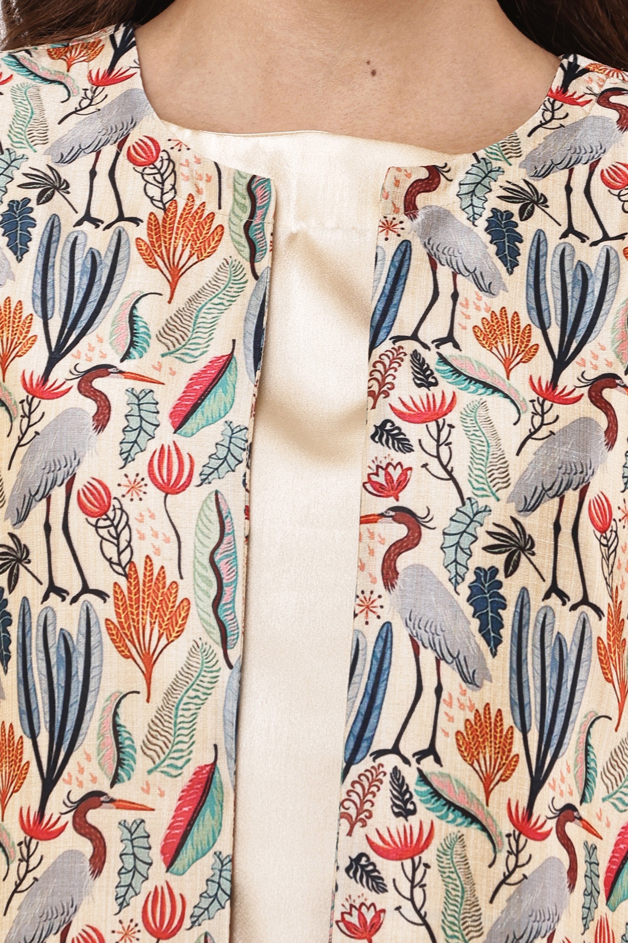 Women Beige & Multicolored Printed Layered Kurta Set with Jacket