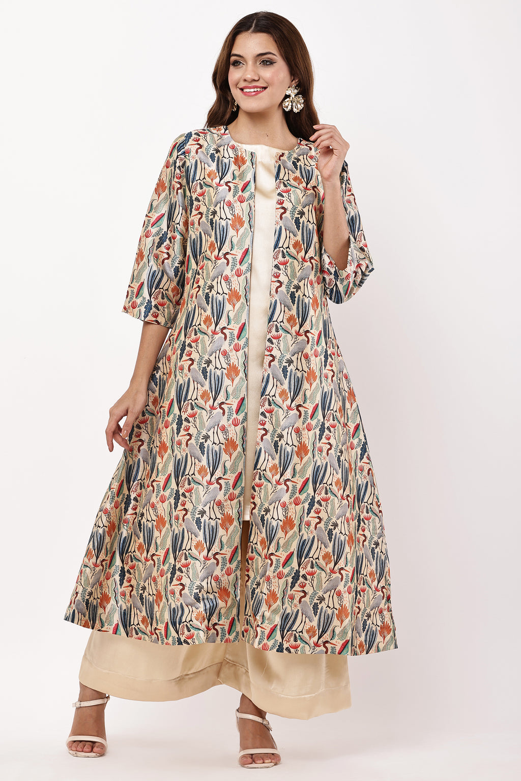 Women Beige & Multicolored Printed Layered Kurta Set with Jacket