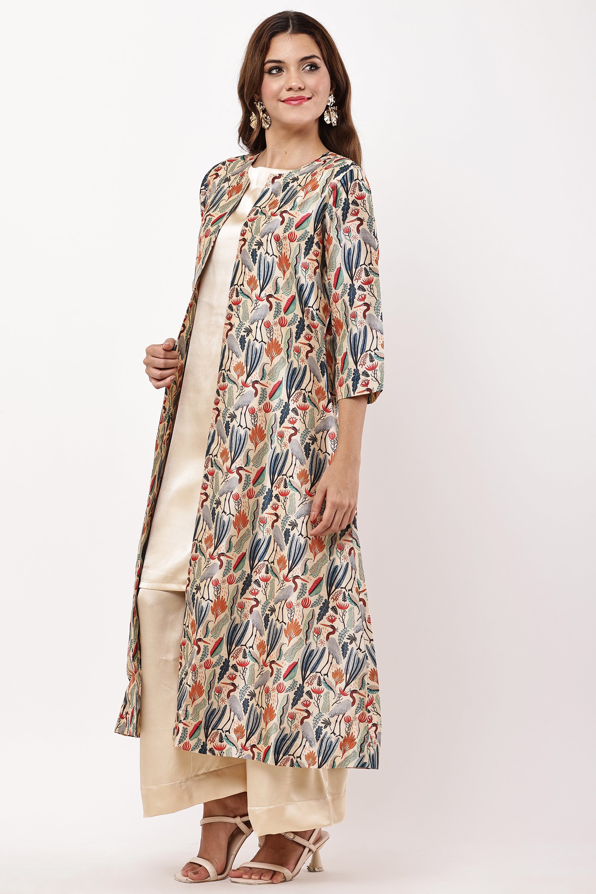 Women Beige & Multicolored Printed Layered Kurta Set with Jacket
