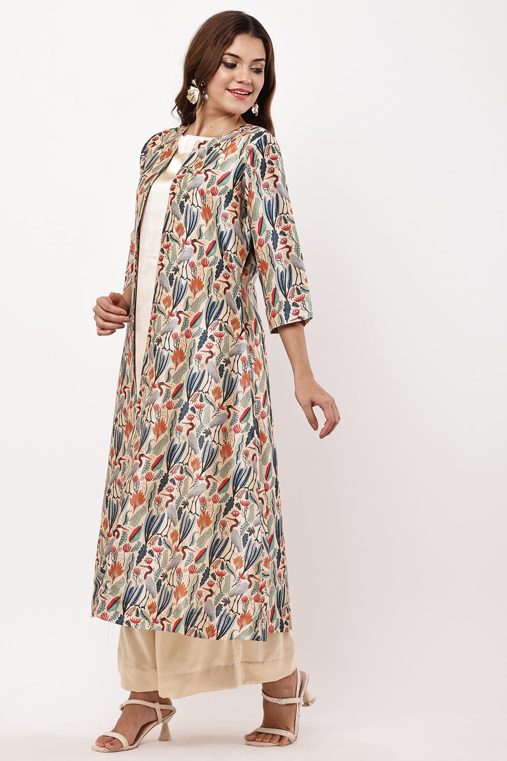 Women Beige & Multicolored Printed Layered Kurta Set with Jacket