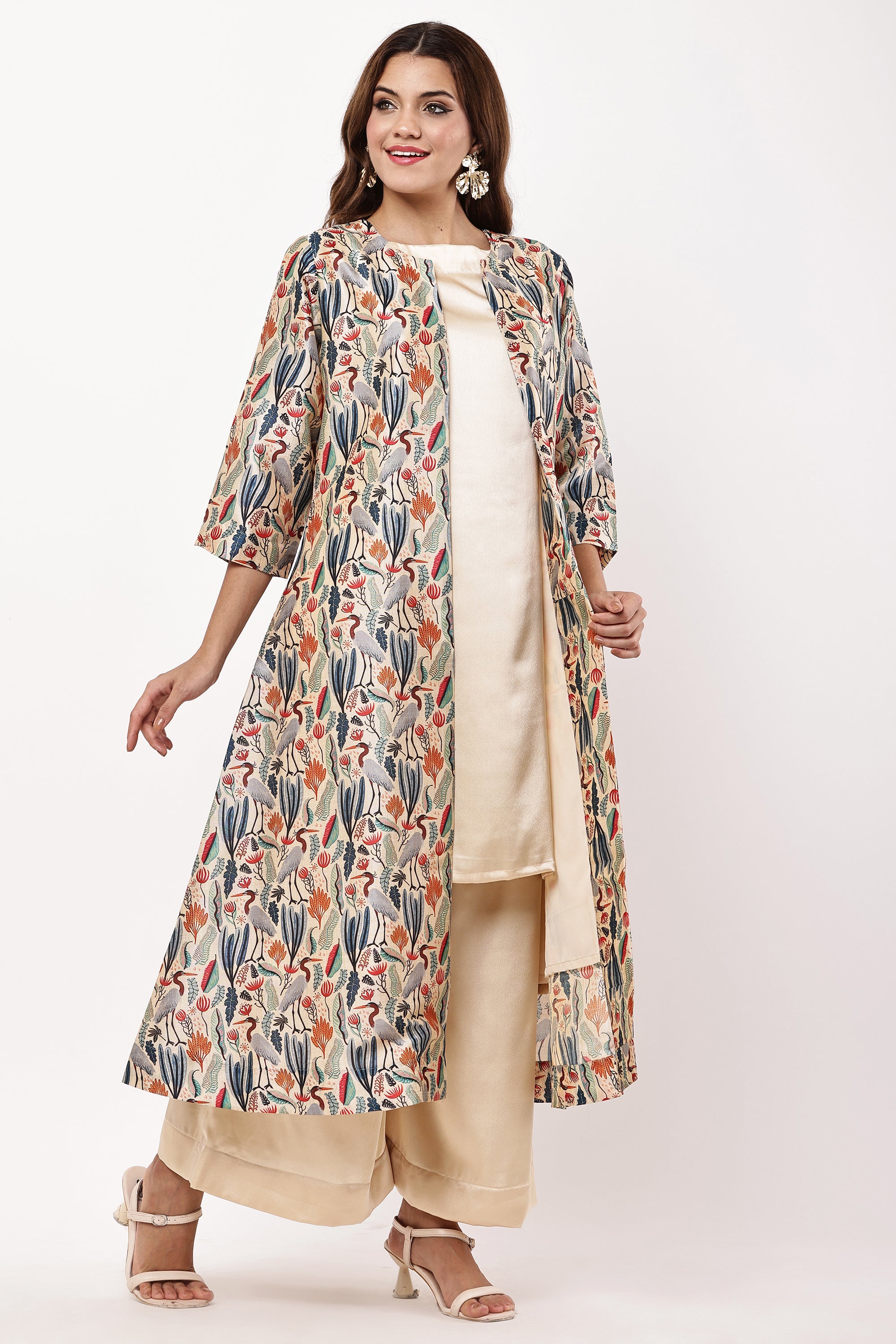 Women Beige & Multicolored Printed Layered Kurta Set with Jacket