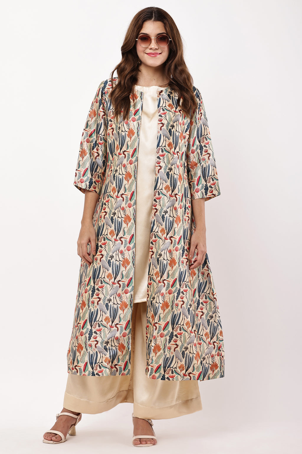 Women Beige & Multicolored Printed Layered Kurta Set with Jacket
