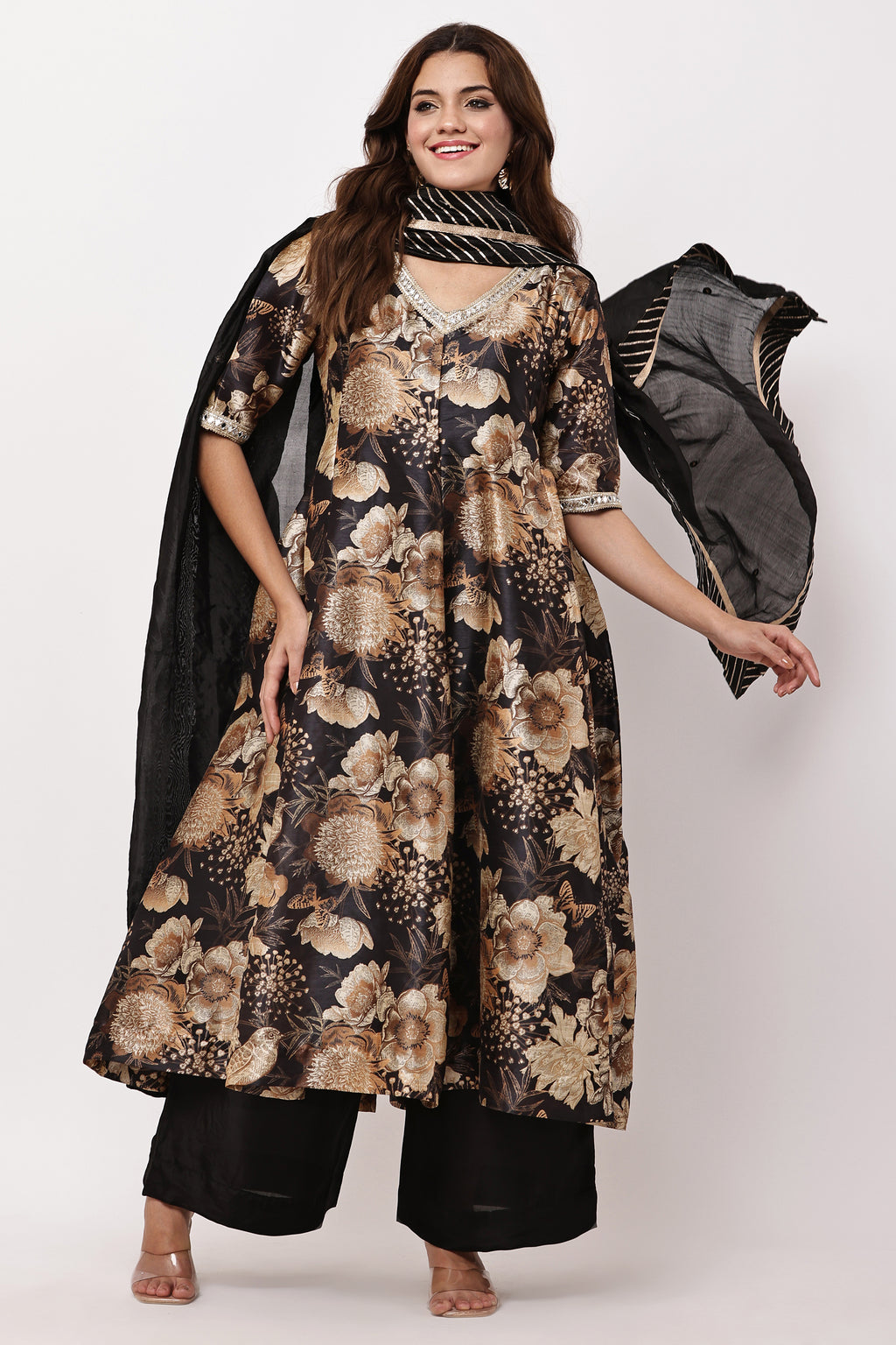 Women Black & Gold-Toned Floral Printed & Embellished Anarkali Kurta Set
