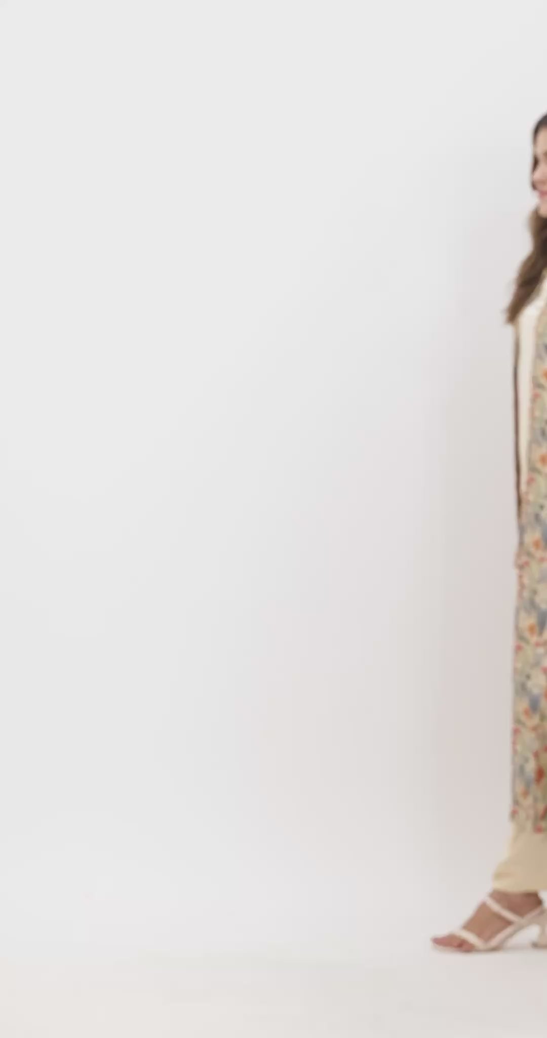 Women Beige & Multicolored Printed Layered Kurta Set with Jacket